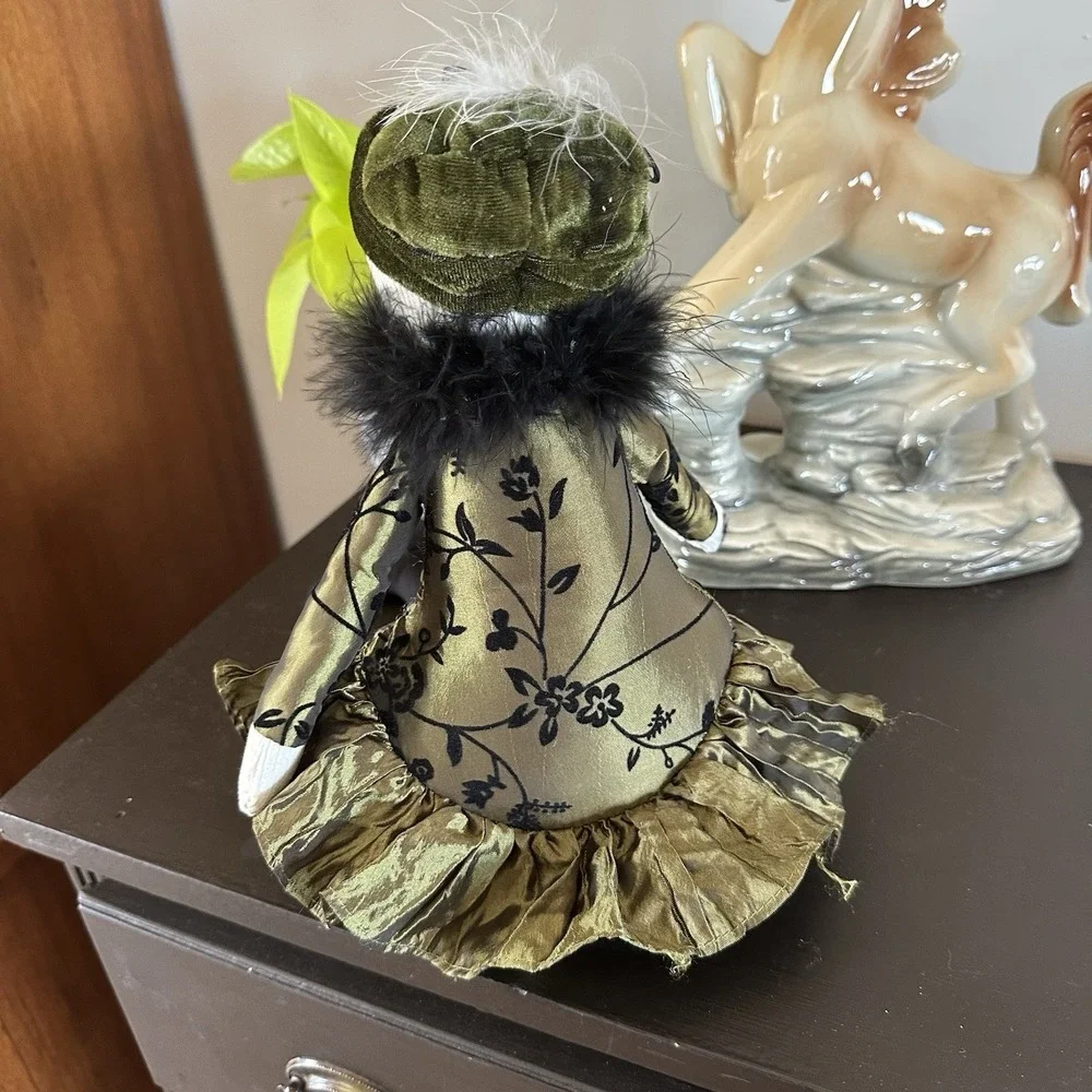 VTG Snowman Snow Lady Feathers Fancy Green Satin Dress Weighted Christmas Decor